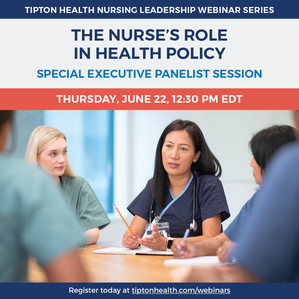 Webinar graphic for “The Nurse’s Role in Health Policy” featuring a panel discussion