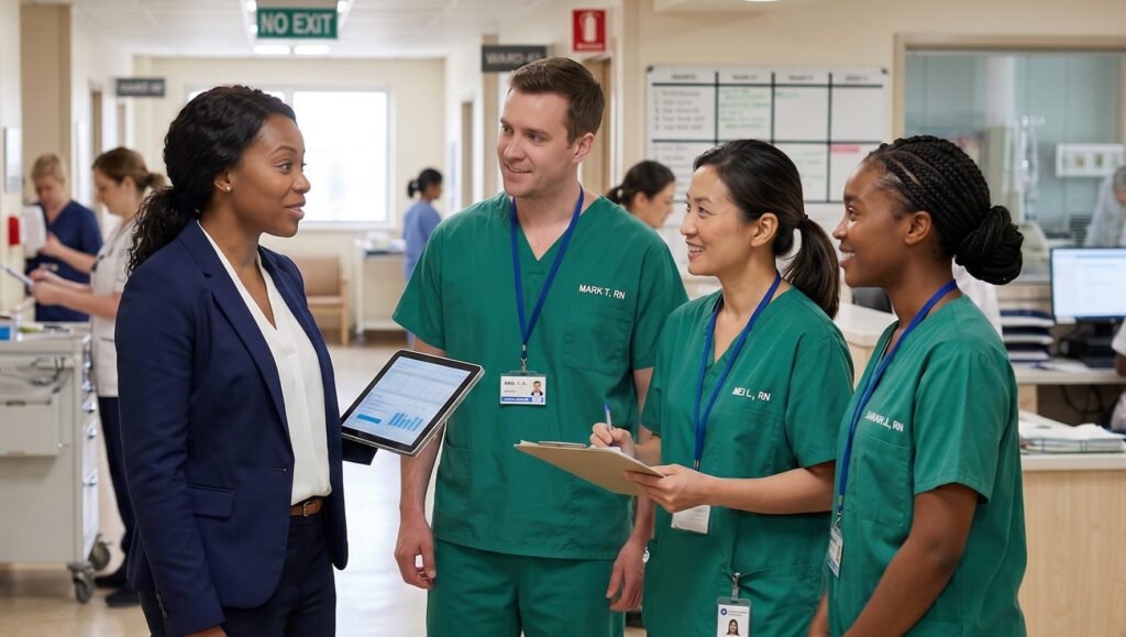 Healthcare professionals discussing information during a team huddle