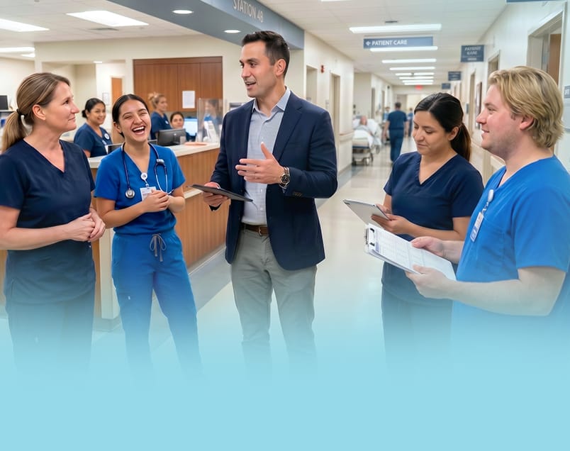 Group of nurses and leaders having a discussion in a hospital setting
