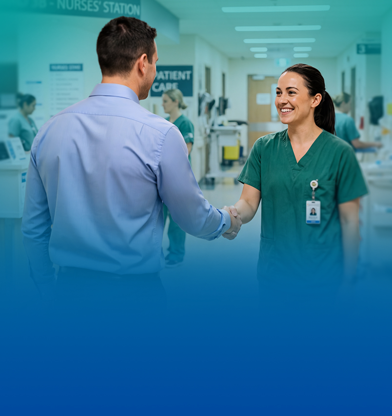 Healthcare professional greeting a nurse in a hospital setting