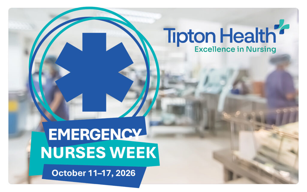 Tipton Health graphic recognizing Emergency Nurses Week, October 11–17, 2026, featuring a blue medical star, teal accents, and a hospital emergency department background.