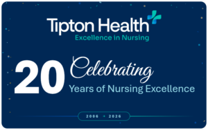 Tipton Health logo above the words "20 Celebrating Years of Nursing Excellence" and "2006 to 2026," in white and light blue on navy with small confetti.