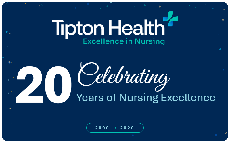 Tipton Health logo above the words "20 Celebrating Years of Nursing Excellence" and "2006 to 2026," in white and light blue on navy with small confetti.